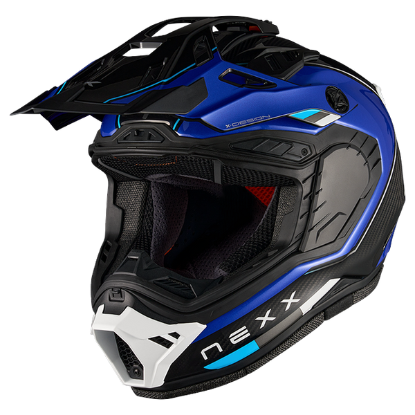 Nexx X.RALLY Raid Blue White Adventure Helmet – three-quarter view, visor removed
