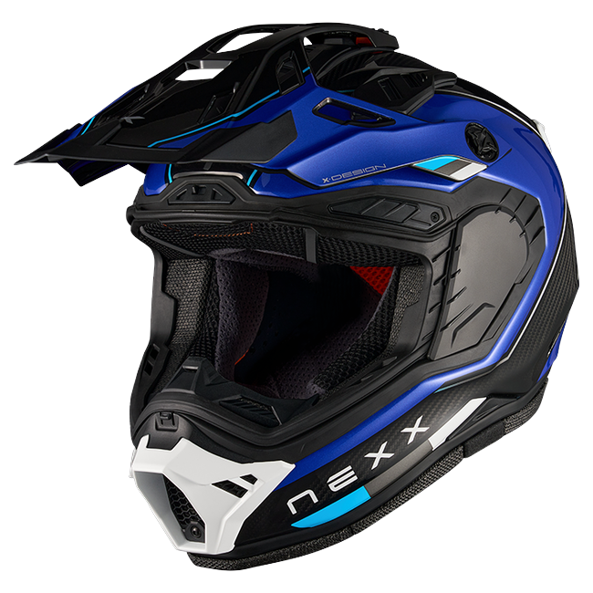 Nexx X.RALLY Raid Blue White Adventure Helmet – three-quarter view, visor removed