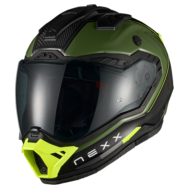 Nexx X.RALLY Raid Green Neon Adventure Helmet – side view, peak removed