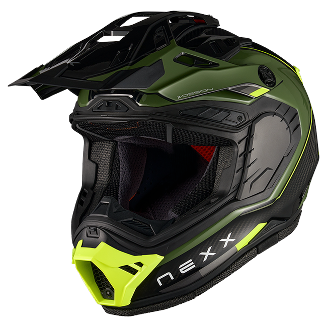 Nexx X.RALLY Raid Green Neon Adventure Helmet – three-quarter view, visor removed