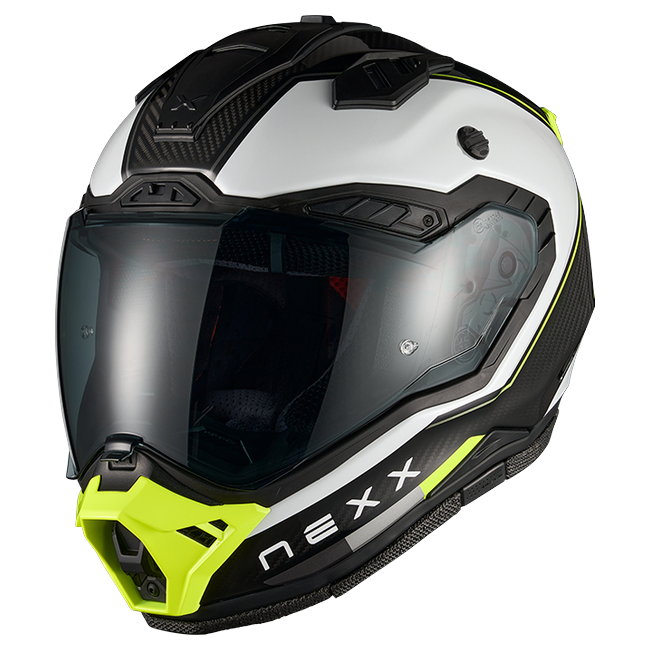 Nexx X.RALLY Raid White Neon Adventure Helmet – side view, peak removed