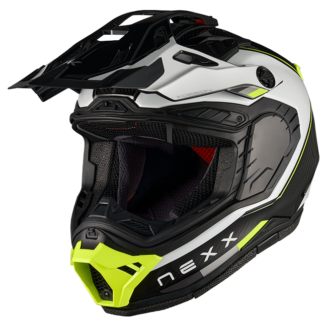 Nexx X.RALLY Raid White Neon Adventure Helmet – three-quarter view, visor removed