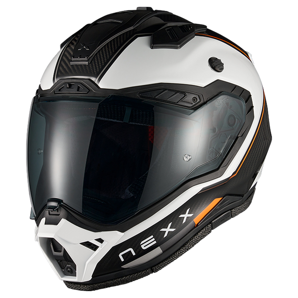Nexx X.RALLY Raid White Orange Adventure Helmet – side view, peak removed