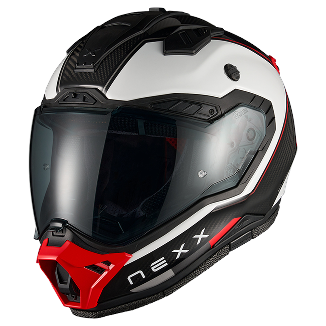 Nexx X.RALLY Raid White Red Adventure Helmet – side view, peak removed