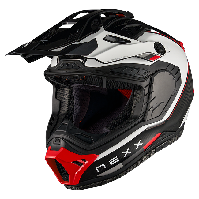 Nexx X.RALLY Raid White Red Adventure Helmet – three-quarter view, visor removed