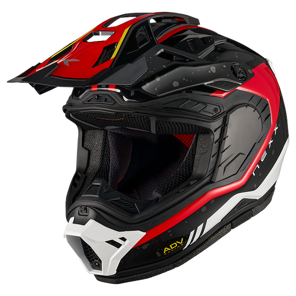 Nexx X.RALLY YUMA Black Red Adventure Helmet – three-quarter view, visor removed