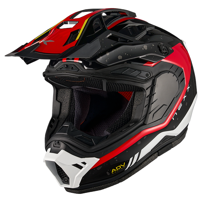 Nexx X.RALLY YUMA Black Red Adventure Helmet – three-quarter view, visor removed
