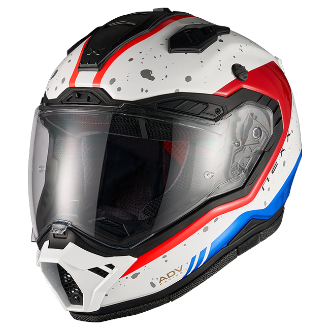 Nexx X.RALLY YUMA Blue Red Adventure Helmet – three-quarter view, peak removed