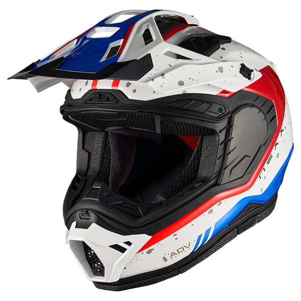 Nexx X.RALLY YUMA Blue Red Adventure Helmet – three-quarter view, visor removed