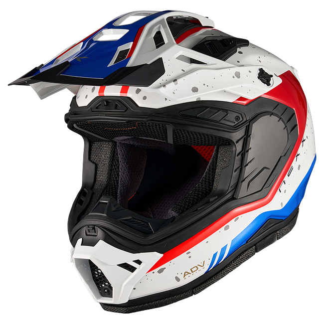Nexx X.RALLY YUMA Blue Red Adventure Helmet – three-quarter view, visor removed