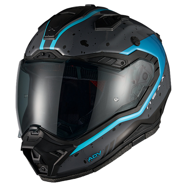 Nexx X.RALLY YUMA Grey Blue Adventure Helmet – three-quarter view, peak removed