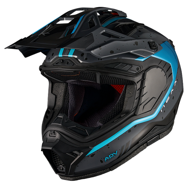Nexx X.RALLY YUMA Grey Blue Adventure Helmet – three-quarter view, visor removed