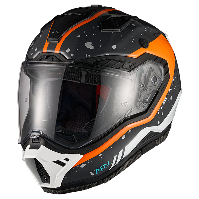 Nexx X.RALLY YUMA Grey Orange Adventure Helmet – three-quarter view, peak removed