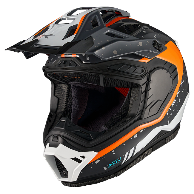 Nexx X.RALLY YUMA Grey Orange Adventure Helmet – three-quarter view, visor removed