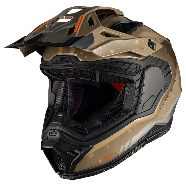 Nexx X.RALLY YUMA Light Sand Adventure Helmet – three-quarter view, visor removed
