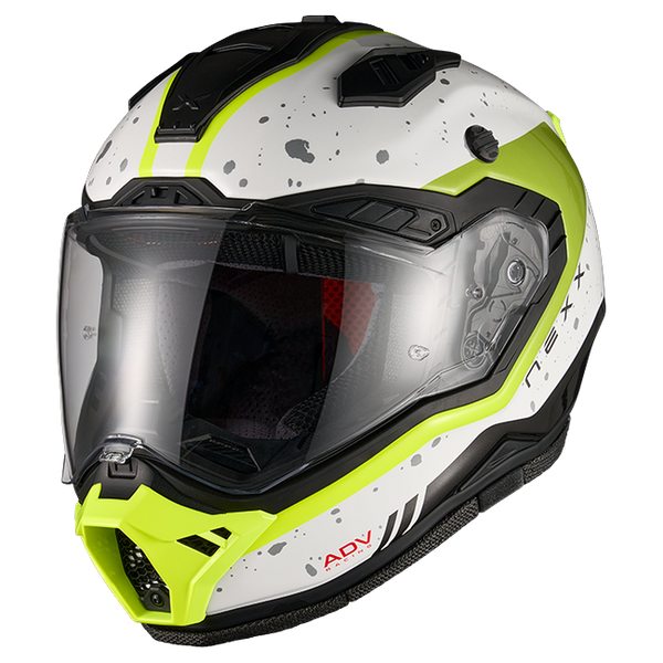 Nexx X.RALLY YUMA White Neon Adventure Helmet – three-quarter view, peak removed