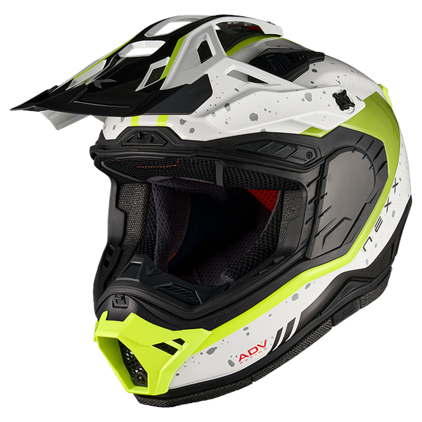 Nexx X.RALLY YUMA White Neon Adventure Helmet – three-quarter view, visor removed