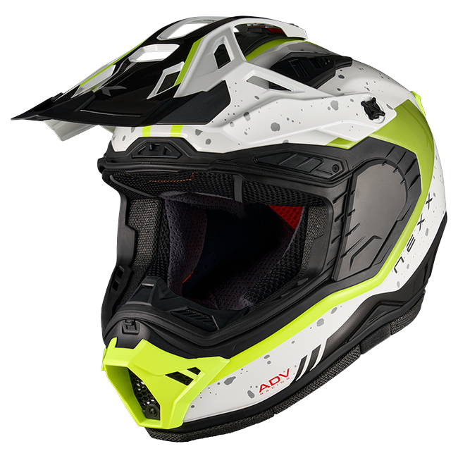 Nexx X.RALLY YUMA White Neon Adventure Helmet – three-quarter view, visor removed