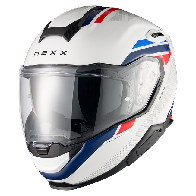 Nexx X.TR Quanta White Blue Sport Touring Helmet – front three-quarter view