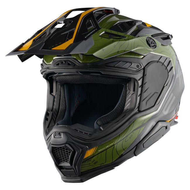 Nexx X.WED3 FURKA Green Yellow Adventure Helmet – three-quarter view, off-road setup