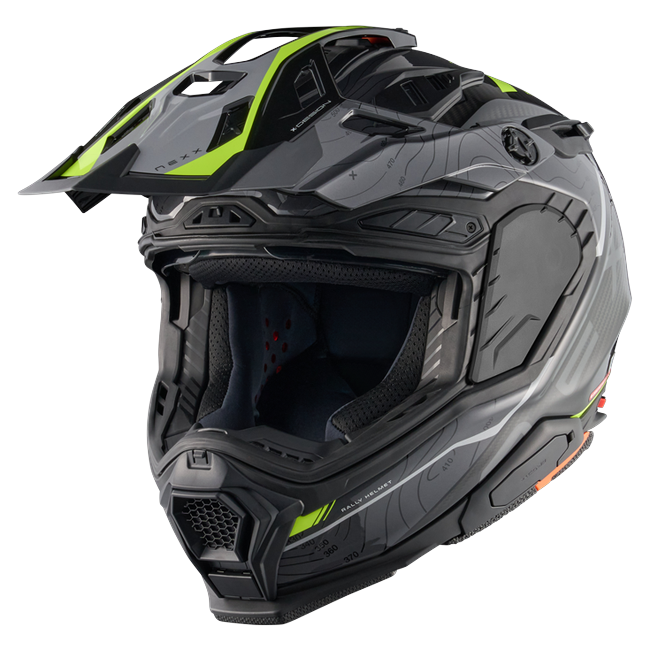 Nexx X.WED3 FURKA Grey Neon Adventure Helmet – three-quarter view, off-road setup