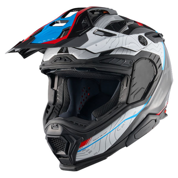 Nexx X.WED3 FURKA Red Blue Adventure Helmet – three-quarter view, off-road setup