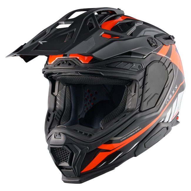 Nexx X.WED3 GOBI Orange White Adventure Helmet – three-quarter view, off-road setup