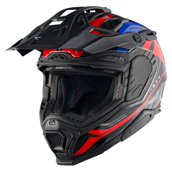 Nexx X.WED3 GOBI Red Blue Adventure Helmet – three-quarter view, off-road setup