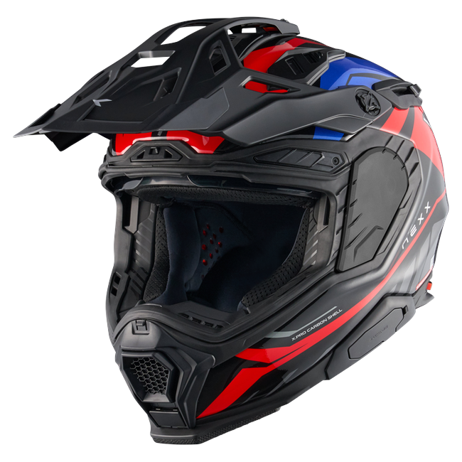 Nexx X.WED3 GOBI Red Blue Adventure Helmet – three-quarter view, off-road setup