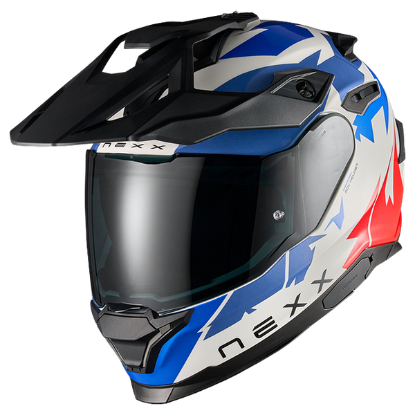 Nexx Y.TRAVL Primal Blue Red Adventure Helmet – front three-quarter view