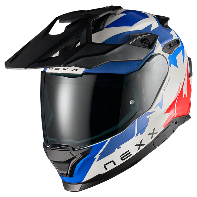 Nexx Y.TRAVL Primal Blue Red Adventure Helmet – front three-quarter view