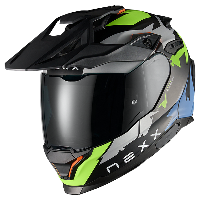 Nexx Y.TRAVL Primal Neon Black MT Adventure Helmet – front three-quarter view