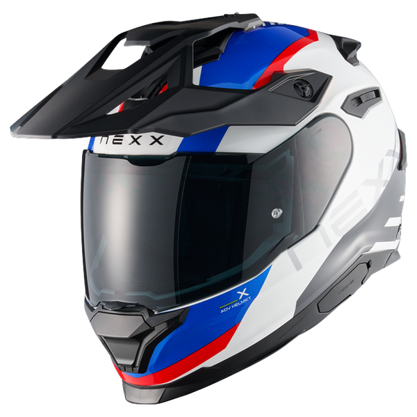 Nexx Y.TRAVL Quest White Blue Red Adventure Helmet – front three-quarter view