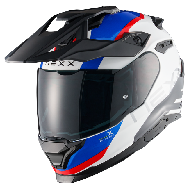 Nexx Y.TRAVL Quest White Blue Red Adventure Helmet – front three-quarter view