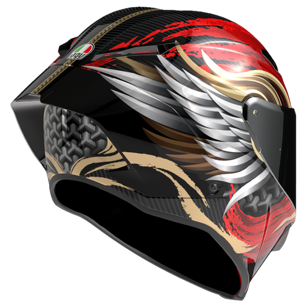 AGV Pista GP RR S Onore Carbon/Gold/Red full-face racing helmet, rear three-quarter view