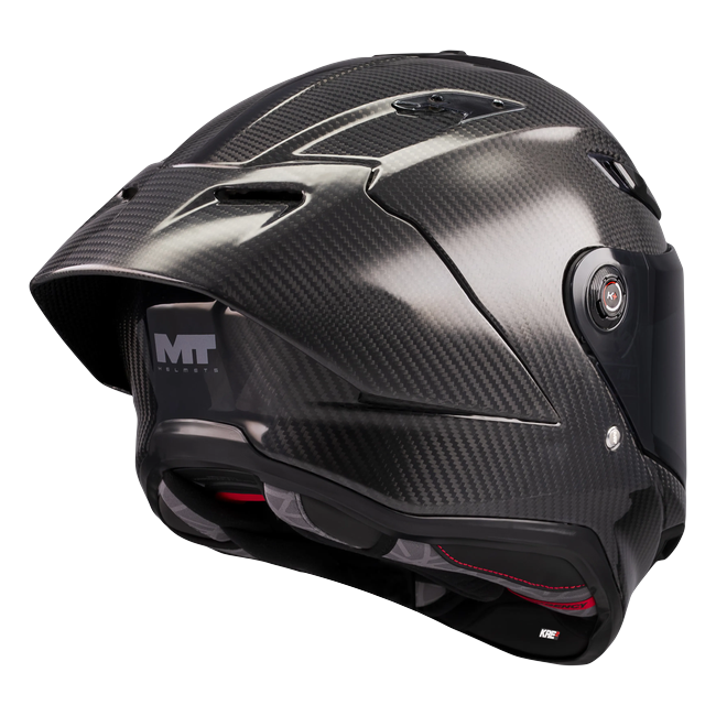 MT-Helmets KRE 2 PLUS Pure A1 full-face helmet in gloss carbon — rear three-quarter view