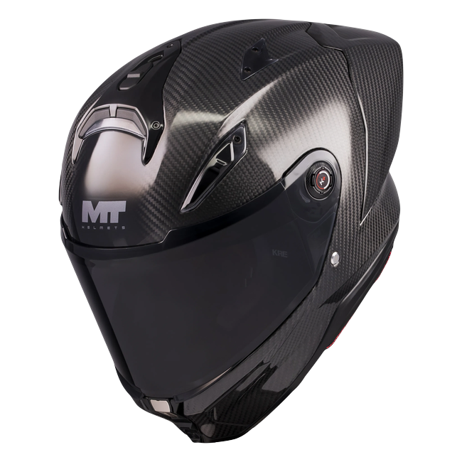 MT-Helmets KRE 2 PLUS Pure A1 full-face helmet in gloss carbon — raised front three-quarter view