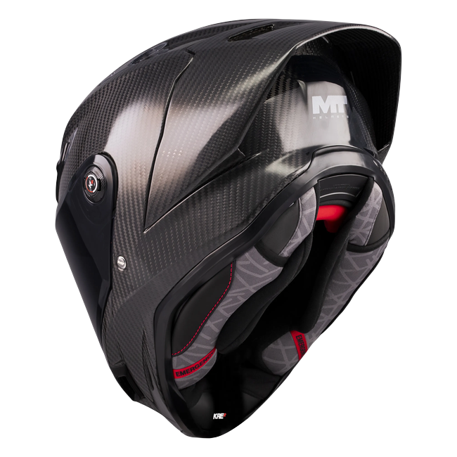 MT-Helmets KRE 2 PLUS Pure A1 full-face helmet in gloss carbon — rear three-quarter view showing the interior