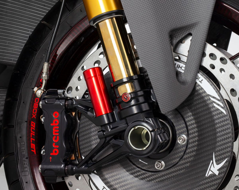 Motocorse CNC GP Style 100 mm fork foot set for Ducati Panigale V4 in anodised aluminium