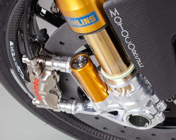 Motocorse CNC GP Style 108mm fork foot set for Ducati Panigale V4/S/R 2025-2026 in anodised aluminium