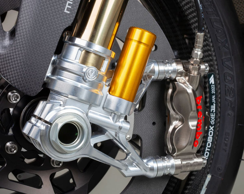 Motocorse CNC GP Style 108mm fork foot set for Ducati Panigale V4/S/R 2025-2026 in anodised aluminium