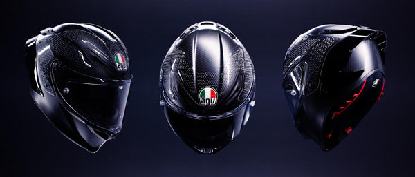 AGV Pista GP R3 carbon racing helmet, three views: side, front and rear