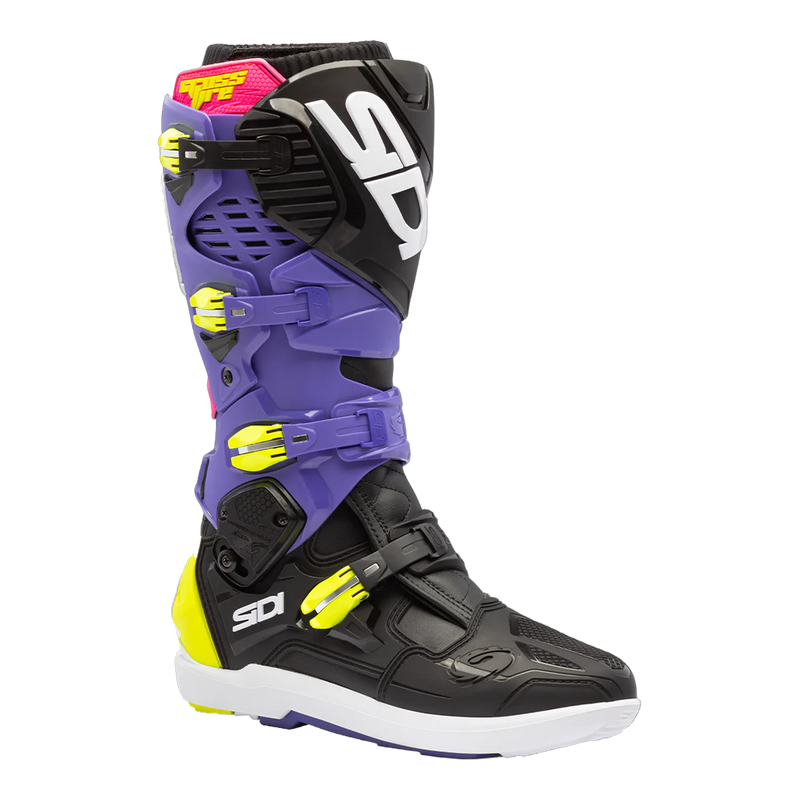 Sidi Crossfire 3 SRS motorcycle boots Violet/Black/Fluo Yellow, three-quarter view