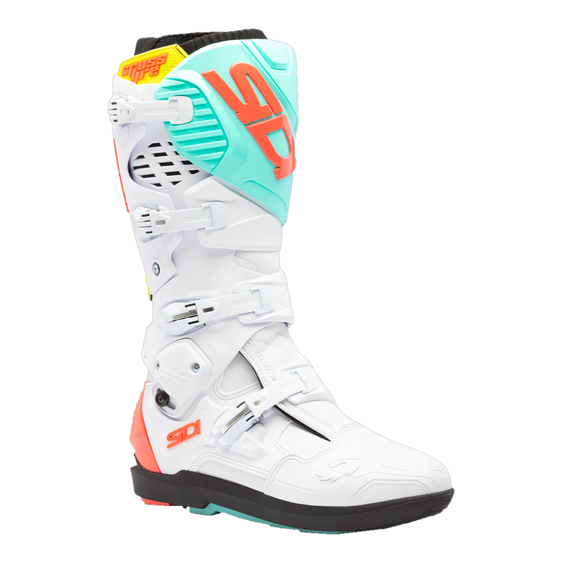 Sidi Crossfire 3 SRS motorcycle boots White/Fluo Mint/Fluo Coral, three-quarter view