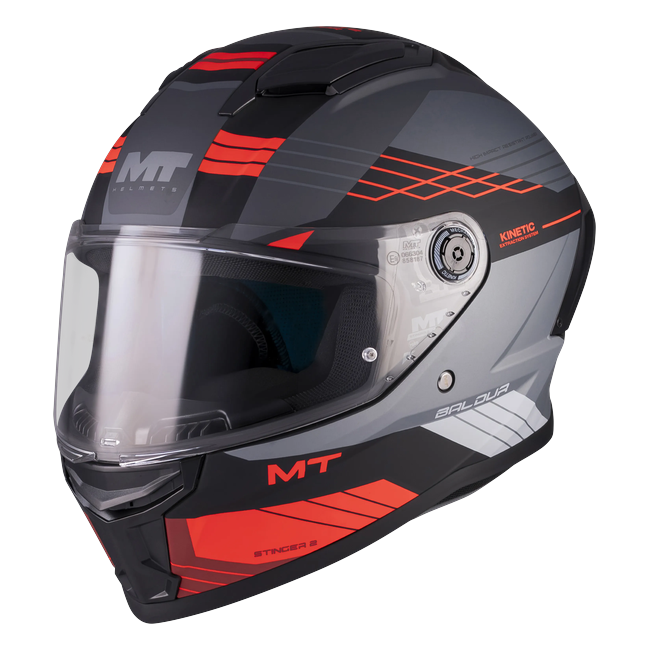 MT-Helmets Stinger 2 Baldur B15 full-face helmet in matt graphite with red flashes — front three-quarter view