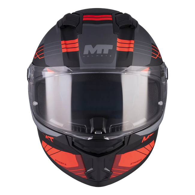 MT-Helmets Stinger 2 Baldur B15 full-face helmet in matt graphite with red flashes — front view