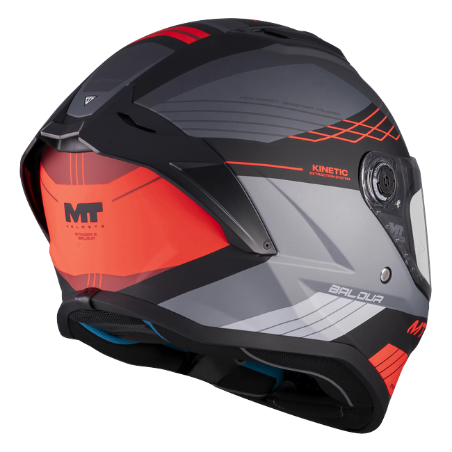 MT-Helmets Stinger 2 Baldur B15 full-face helmet in matt graphite with red flashes — rear three-quarter view