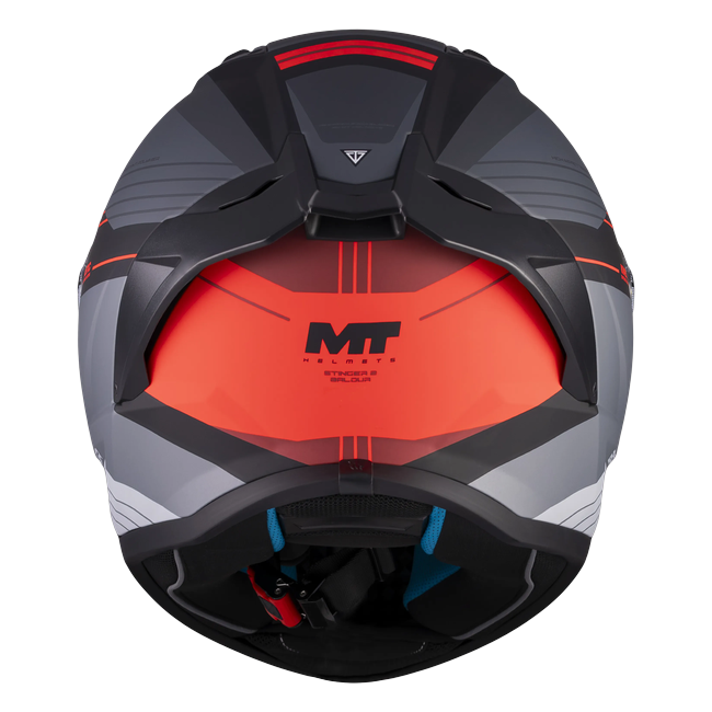 MT-Helmets Stinger 2 Baldur B15 full-face helmet in matt graphite with red flashes — rear view