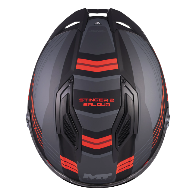 MT-Helmets Stinger 2 Baldur B15 full-face helmet in matt graphite with red flashes — top view