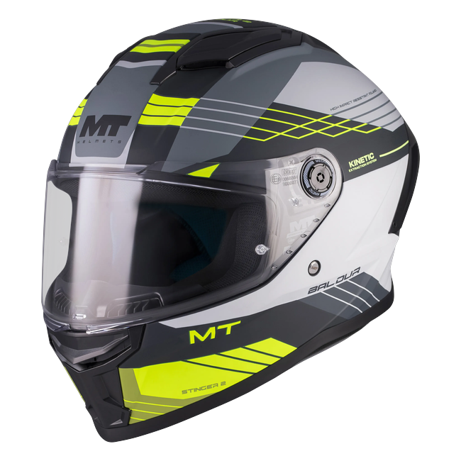 MT-Helmets Stinger 2 Baldur C3 full-face helmet in gloss white with fluorescent yellow — front three-quarter view